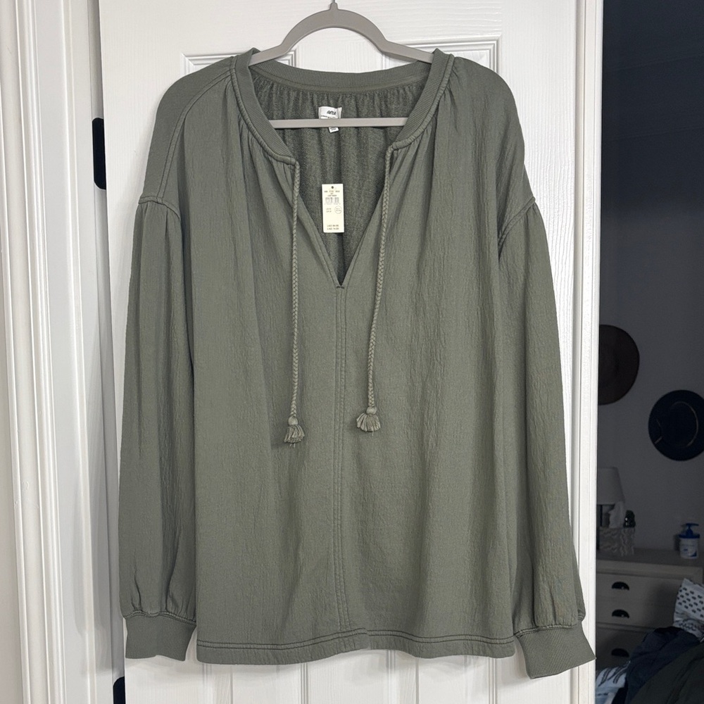 aerie Olive Green Long-Sleeve Peasant Top with Braided Ties